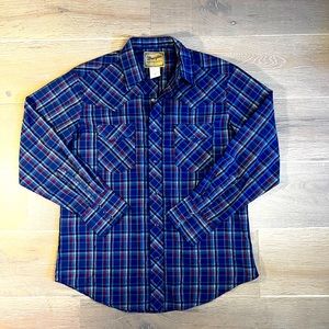 Wrangler Western Shirt Mens Blue Plaid Long Sleeve Woven W/ Snap Buttons S Large